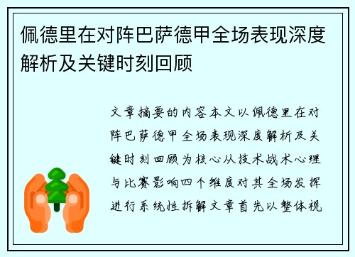 佩德里在对阵巴萨德甲全场表现深度解析及关键时刻回顾